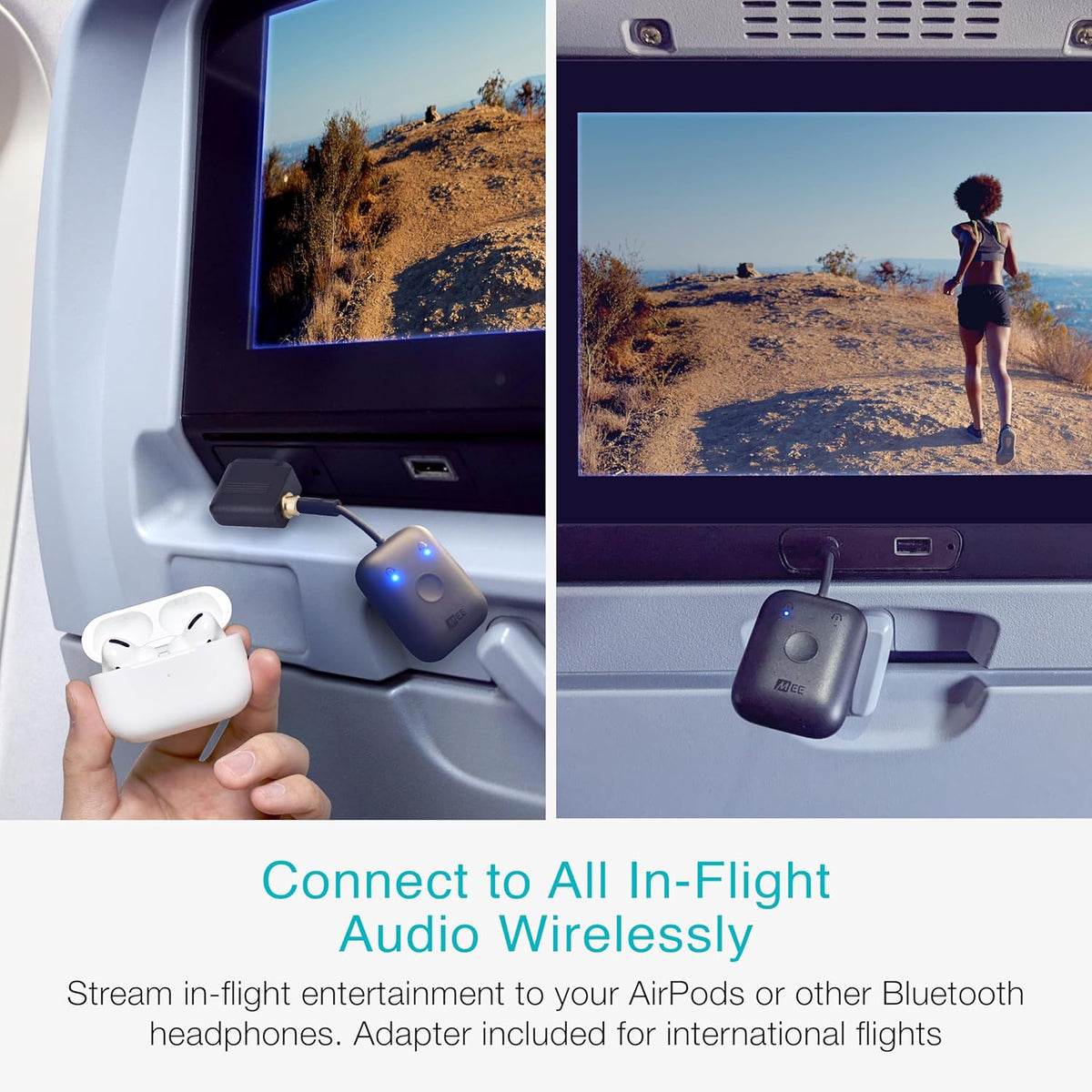 MEE audio Connect Air in-Flight Bluetooth Wireless Audio Transmitter, with Extra Dual 3.5mm Jack AUX Adapter, for up to 2 AirPods/Other Headphones; Works with All 3.5mm Aux Jacks, Black