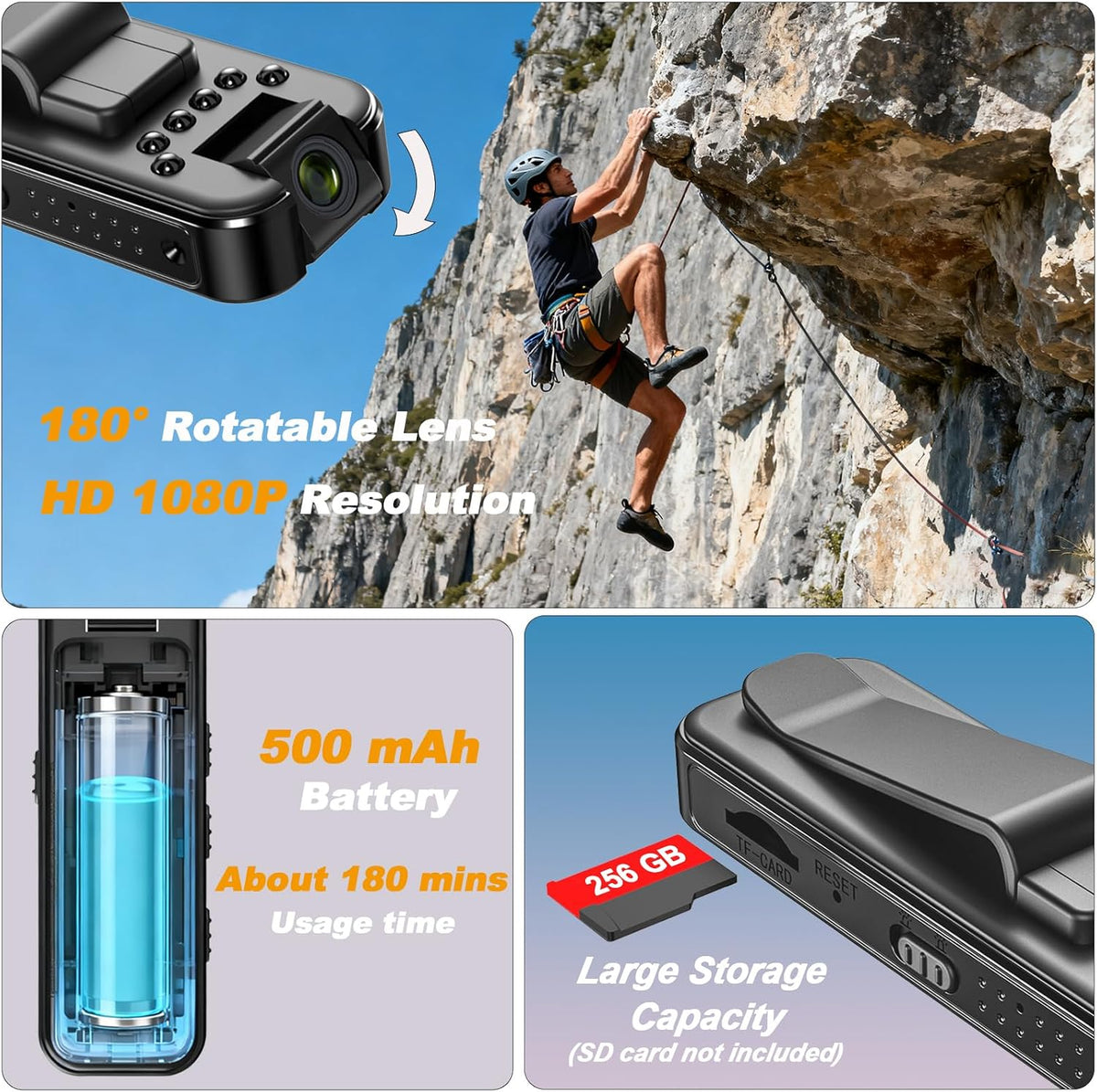 Ahheyie 1080P 180 Mini Body Camera with Night Vision, Visible Wearable Back Clip Bodycam, Rotatable Lens Portable