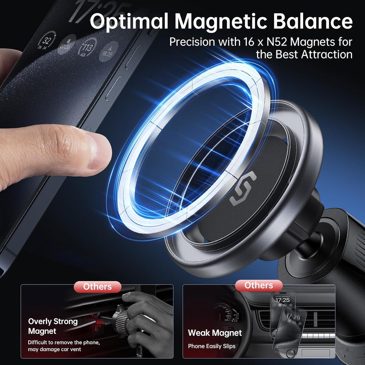 SYNCWIRE for MagSafe Car Mount, Flexible Rotation Magnetic Phone Holder for Car Vent, Hands Free Car Air Vent Phone Holder Clip Universal Compatible with iPhone 16 Pro Max 15 14 13 12 MagSafe Case