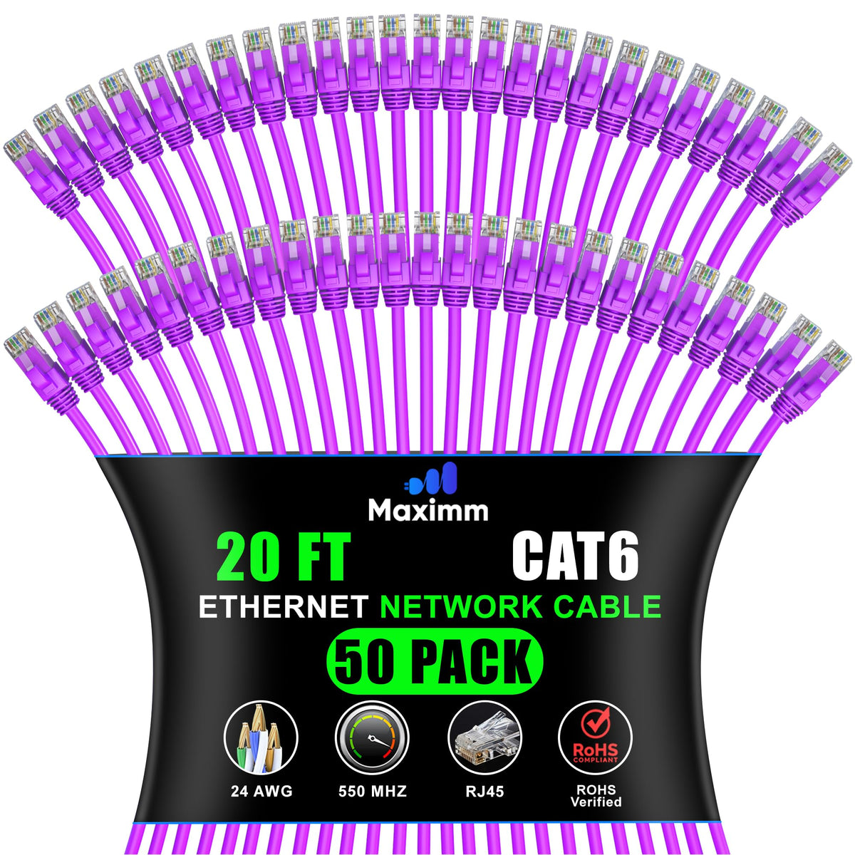 Maximm Cat 6 Ethernet Cable 20 Ft, (50-Pack) Cat6 Cable, LAN Internet and Network - UTP (Purple) 20 Feet