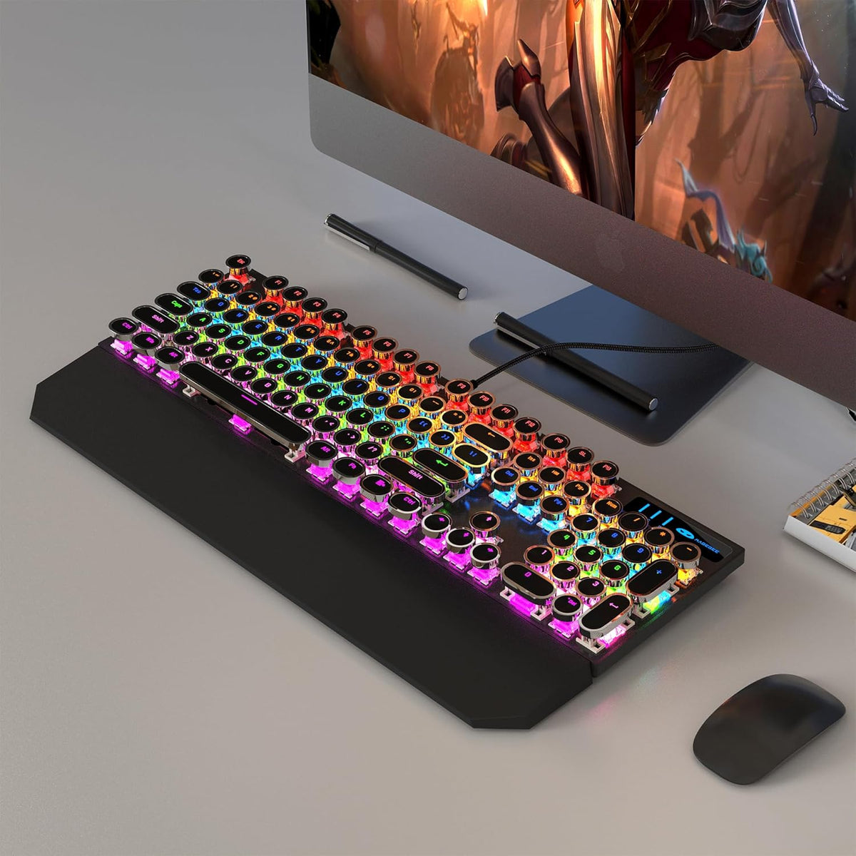MageGee Typewriter Mechanical Gaming Keyboard, Retro Black Punk Round Keycaps RGB Rainbow Backlit Wired Keyboards for Laptop MAC PC Gamer, with Magnetic Wrist Rest - Blue Switch