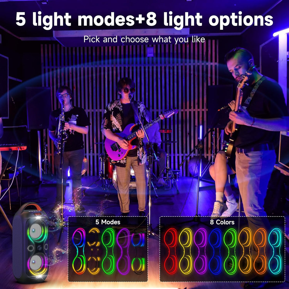 Portable Bluetooth Speaker 120dB Loud with Beat-Sync LED Lights & Dual 4-inch Speakers – 5 RGB Modes + 8 Colors, Bluetooth 5.3, USB/TF/AUX/FM/Mic, TWS Pairing – for Outdoor, Party, Camping & Beach