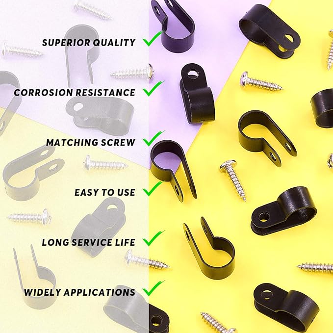 Swpeet 120 Pack Black 3/8 Inch Nylon Plastic R-Type Cable Clips Clamp Kit, Nylon Screw Mounting Cord Fastener Clips with 120 Pack Screws for Wire Management (3/8 Inch, Black)