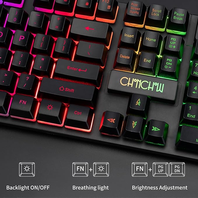 CHONCHOW Gaming Keyboard and Mouse Led Backlit USB Wired with Light Up 104Key 3600DPI 2 Side Button Mouse Keyboard Mechanical Feeling Compatible with PC Mac OS Xbox Ps4 Ps5 with Mousepad