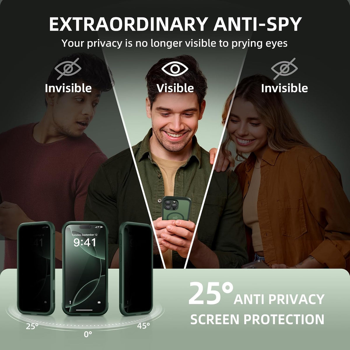 BERFY Magnetic for iPhone 16 Pro Max Case, Compatible with MagSafe, Built-in Privacy Screen Protector and Upgraded Camera Protection, Anti-Spy Full Body Shockproof Phone Case for 16 Pro Max 6.9",Green