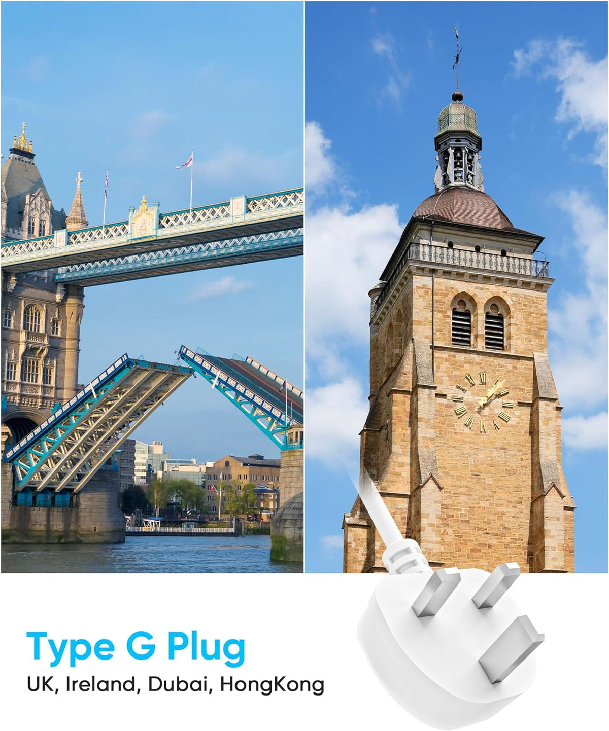 UK Travel Plug Adapter, Olcorife US to UK Ireland Type G Plug Adapter, International Power Strip with 8 Outlets and 4 USB(1 USB-C), 5 FT Cord for UK Ireland Dubai Hongkong