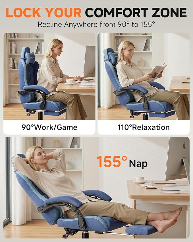 GTPLAYER Gaming Chair with Footrest Computer Gaming Chair for Adults and Kids Height Adjustable Gamer Chair with 90-155° Recline &amp Removable Headrest Lumbar SupportPerformance Fabric Blue