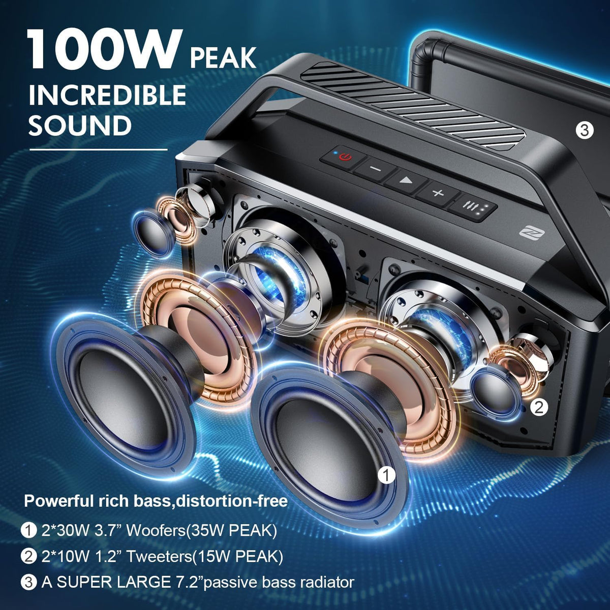 W-KING Portable Loud Bluetooth Speaker, 100W Max Waterproof Outdoor Speakers Bluetooth Wireless, IPX6 Party Big Large Speaker Boombox, 60W Exlarge Deep Bass Passive Radiator/40H/Power Bank/TF/AUX/EQ