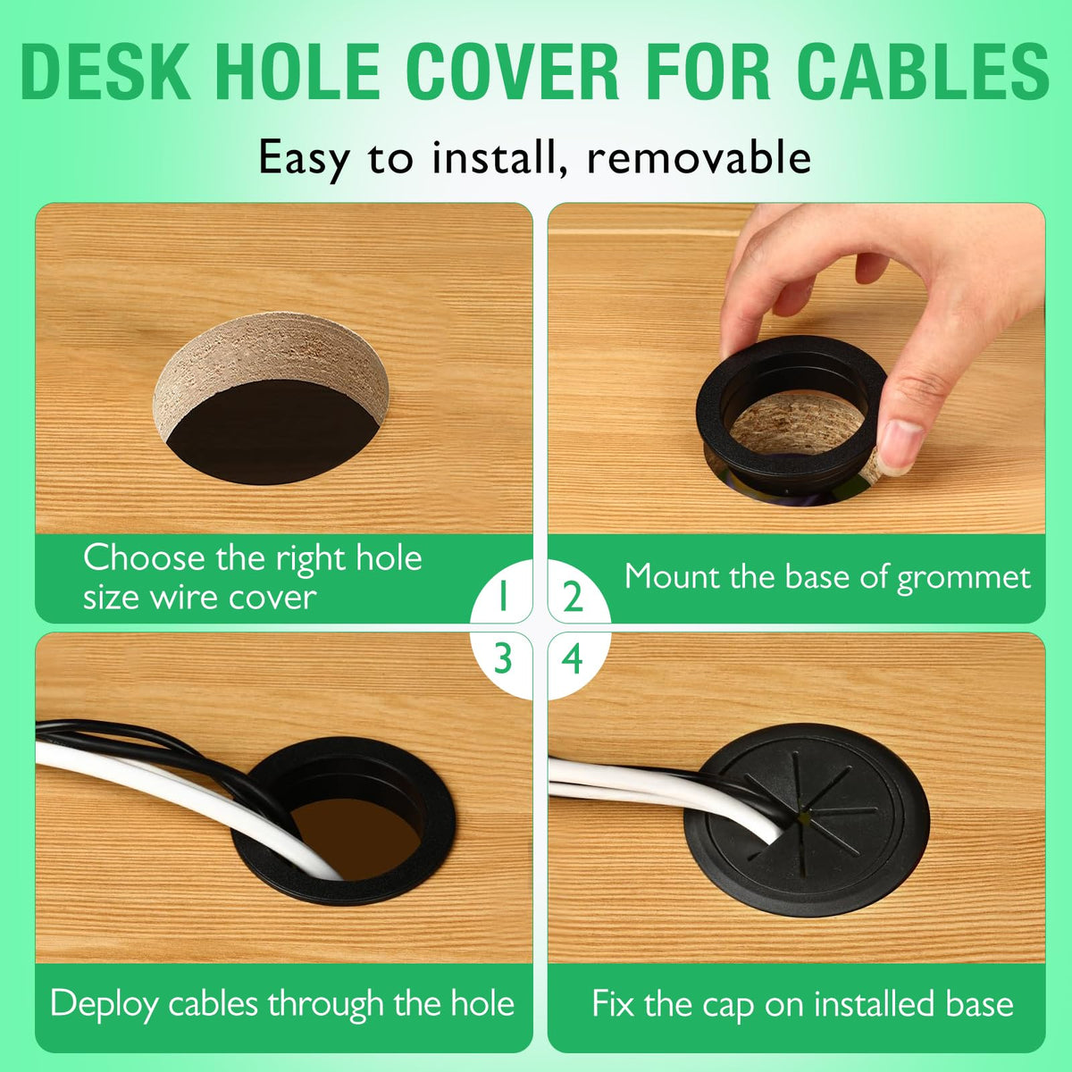 EASYEAH 2 Pcs Desk Grommet 2-3/8" / 60 mm, Desk Hole Cover for Cables Beige, Cable Grommet ABS Plastic, Desk Hole Grommet for Home & Office Pc, Detachable Cable Cord Organizer