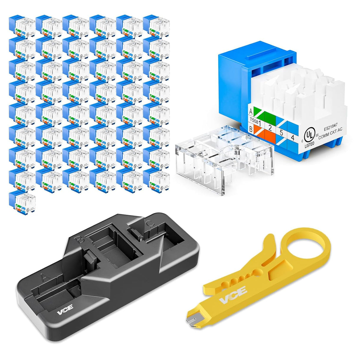 VCE RJ45 Cat6 Keystone Jacks UL Listed 50-Pack, UTP Ethernet Keystone Jacks with Keystone Punch Down Stand Tool and Wire Stripper Cutter, Blue