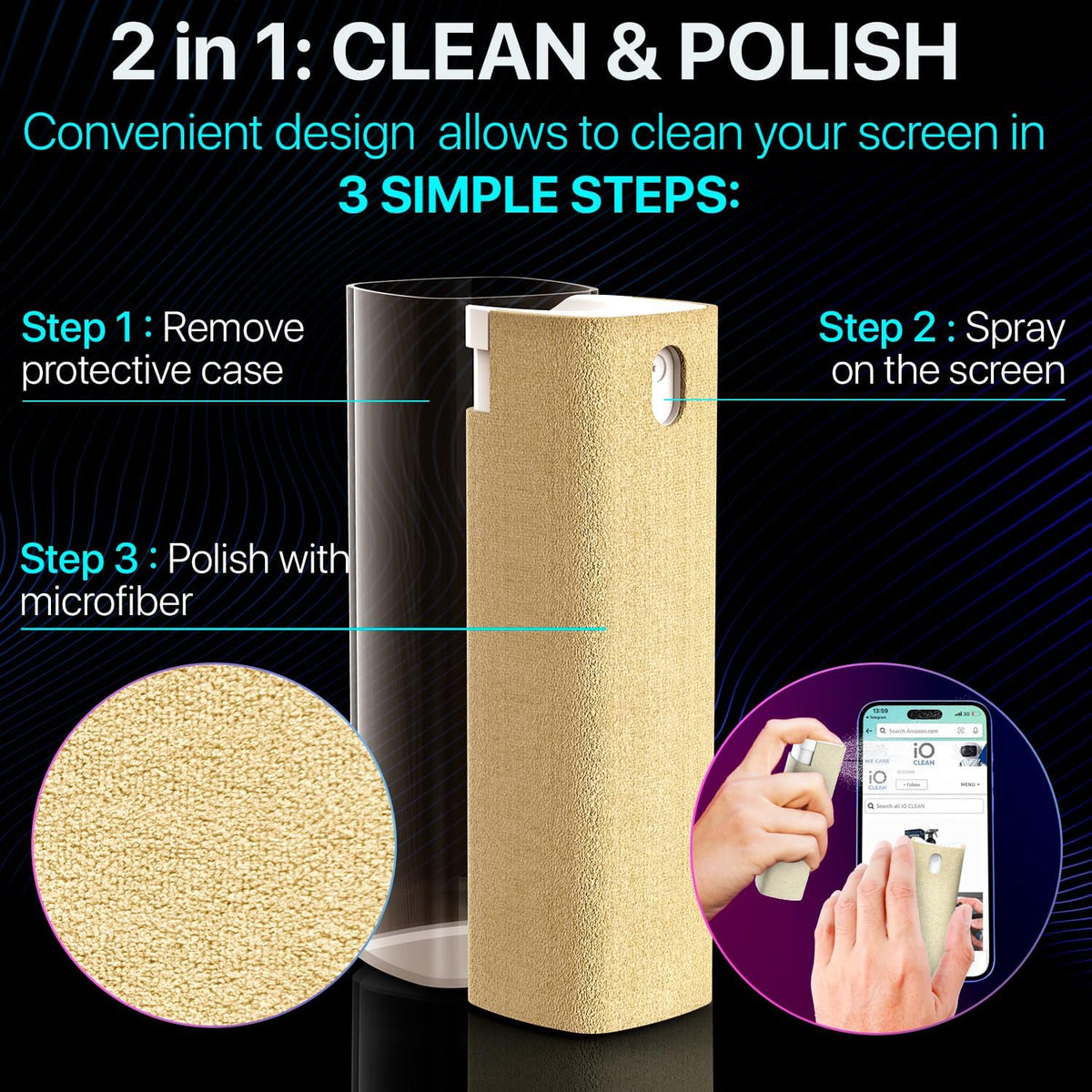 Mini Screen Cleaner Spray – Finger Proof Screen Cleaner for Smartphones, iPads, MacBooks, Laptops, Car Screens, Touchscreens – 3in1 Mist Cleaner, Microfiber Cloth and Protective Cover (Cream)