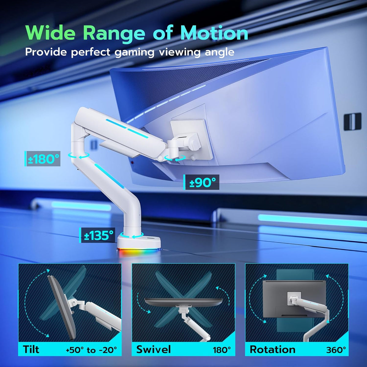 Ultrawide Monitor arm for 17-49'' Heavy Duty Screen up to 44lbs, Gas Spring Single Monitor Arm with RGB Light, Adjustable Gaming Computer Monitor Arm for Desk, White