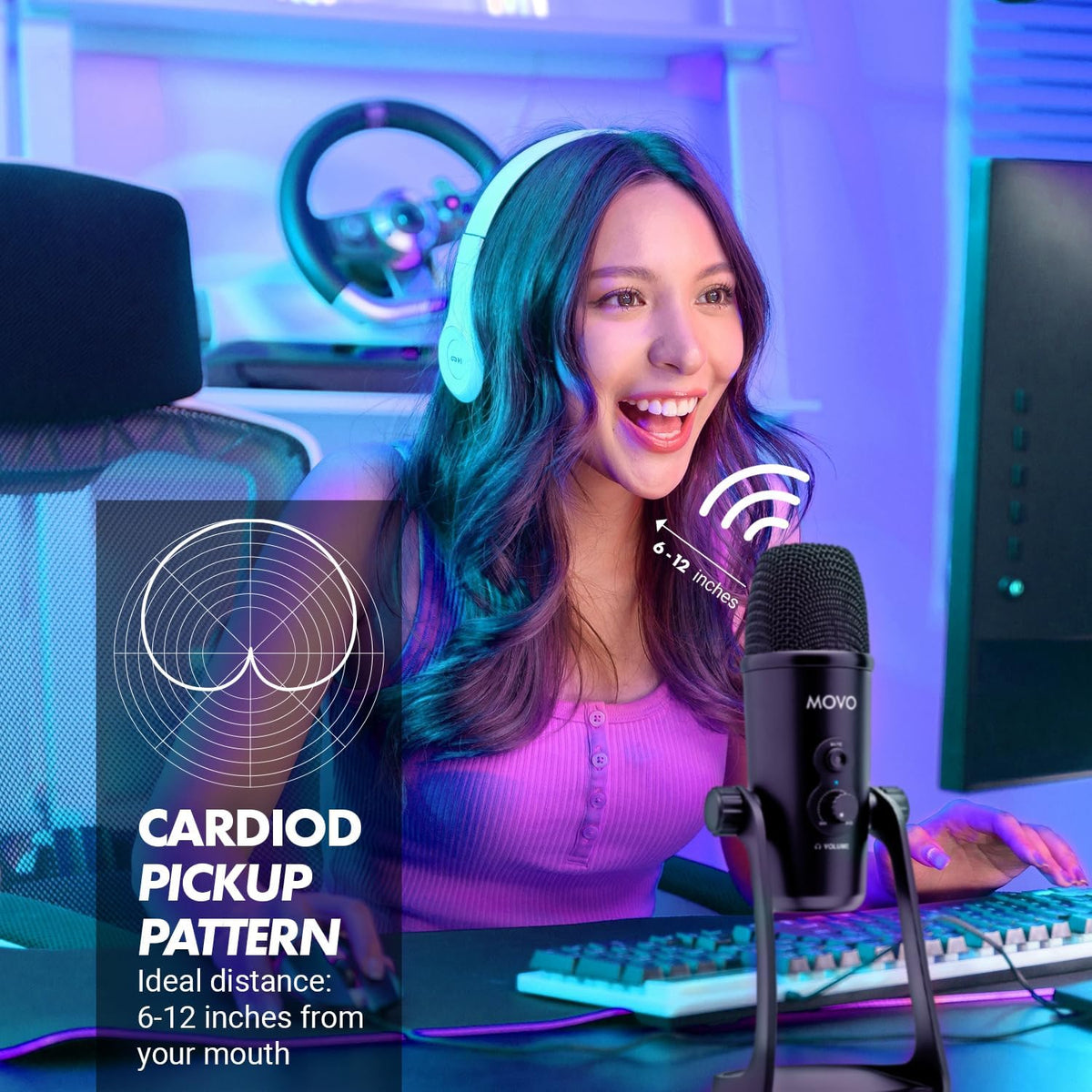 Movo UM700 Computer Condenser USB Gaming Mic with Adjustable Pickup Patterns - Microphone for PC, PS5, Podcasting, Streaming, ASMR