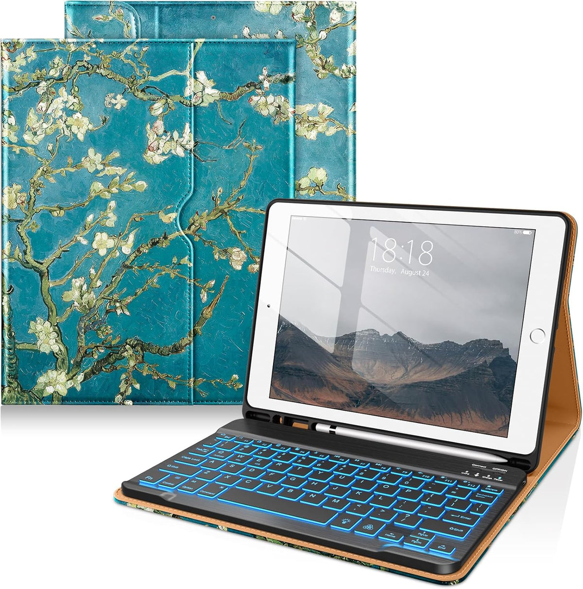 DTTO for iPad 9th/8th/7th Generation 10.2" Case 2021/2020/2019 with Keyboard, 7 Colors Backlit Wireless Detachable Keyboard Premium Leather Folio Cover with Pencil Holder & Pocket, Blossom