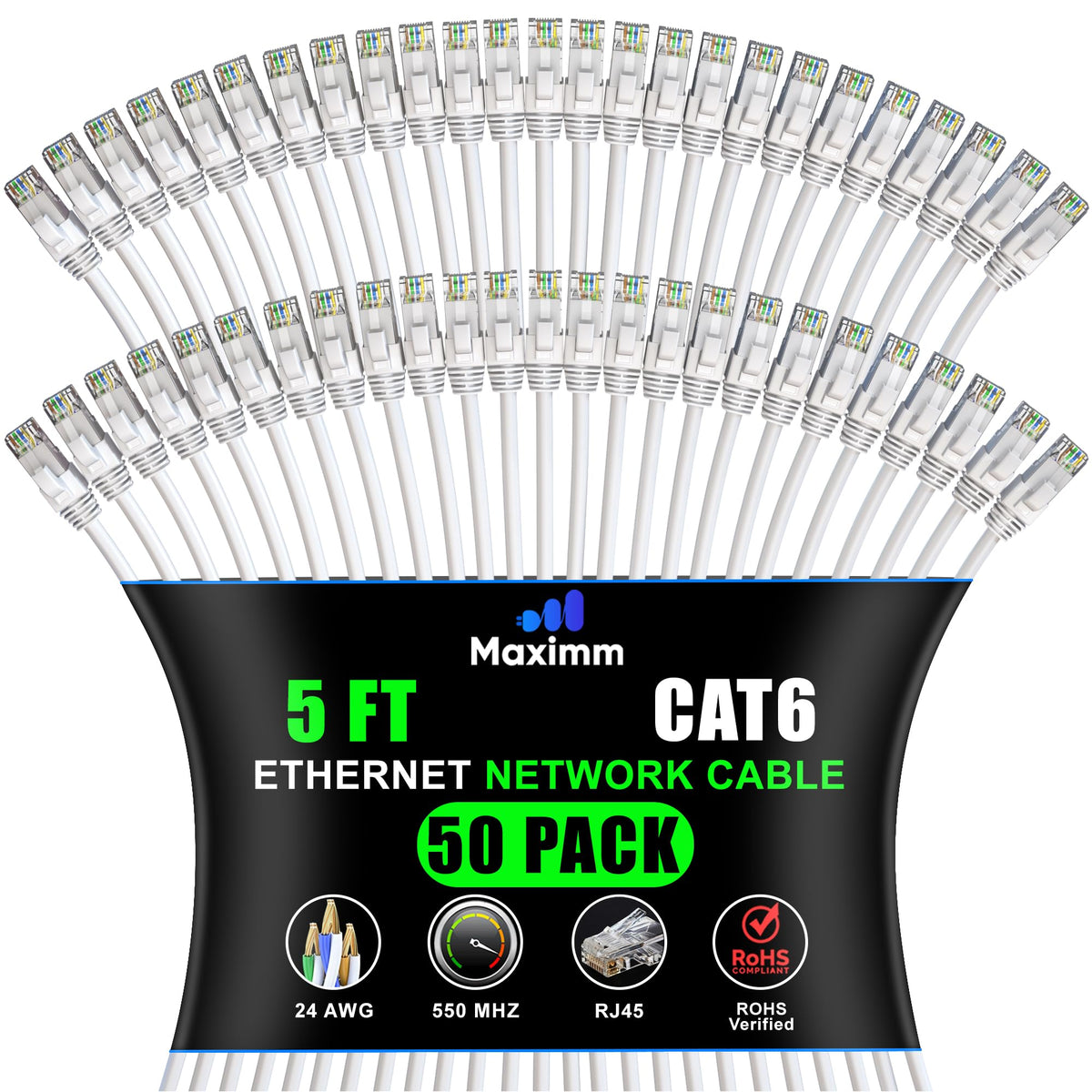 Maximm Cat 6 Ethernet Cable 5 Ft (50-Pack) - High-Speed LAN, Internet, Patch, and Network Cord - UTP, 10Gbps, 550MHz - White