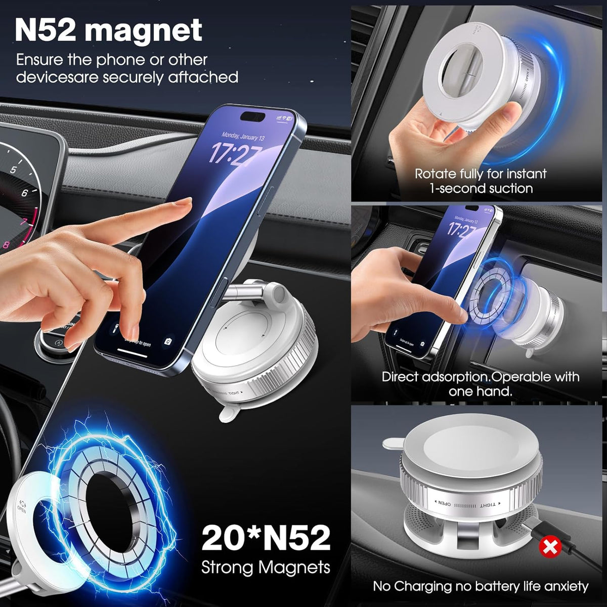 Vacuum Magnetic Suction Phone Holder, Foldable and Retractable Hands-Free Suction Cup Phone Mount for Car/Gym/Mirror/Smooth Surface, Compatible with iPhone Android and All Smartphones (White)