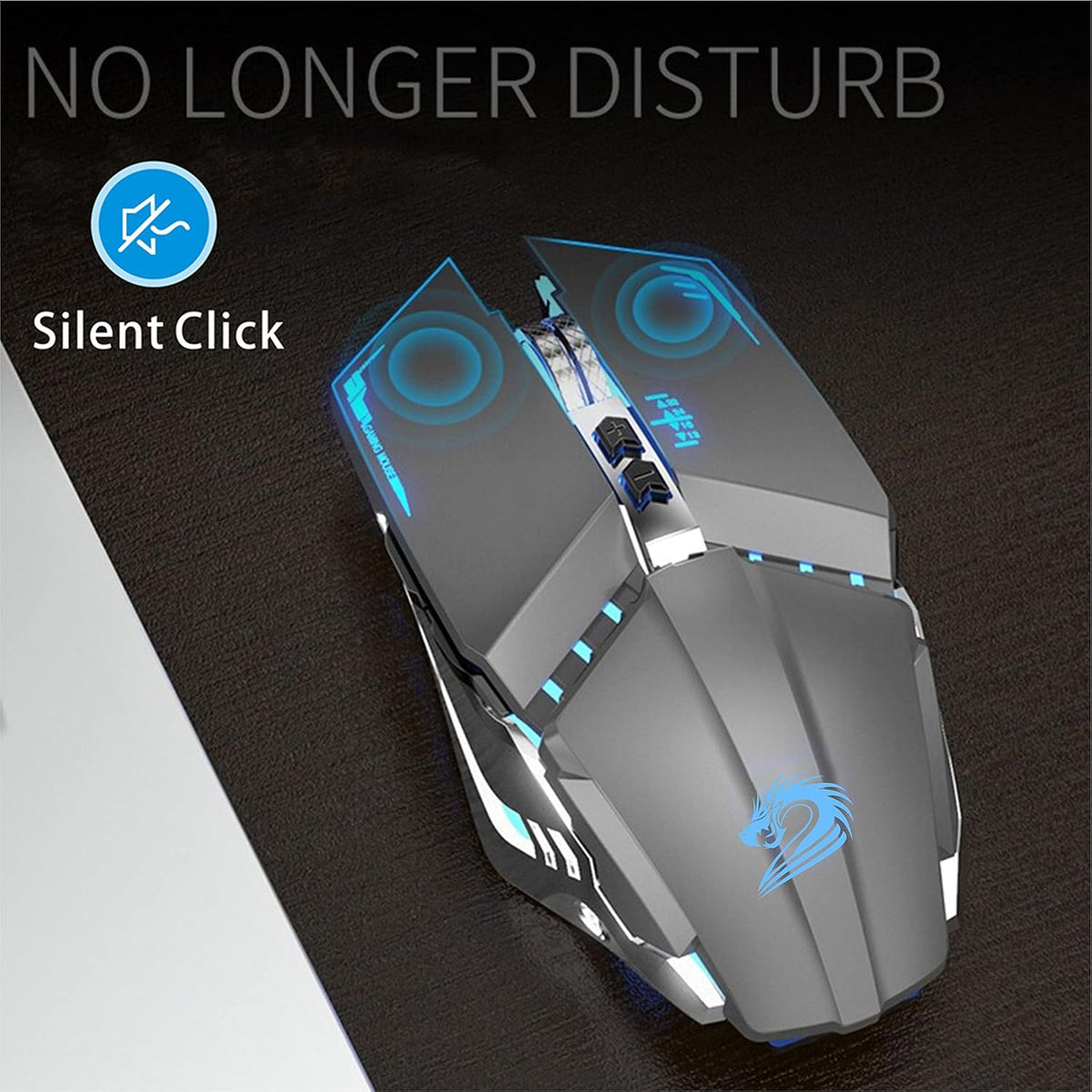 TENMOS T12 Wireless Gaming Mouse Rechargeable, 2.4G Silent Optical Wireless Computer Mice with Changeable LED Light for Laptop PC, 7 Buttons, 3 Adjustable DPI (Grey)