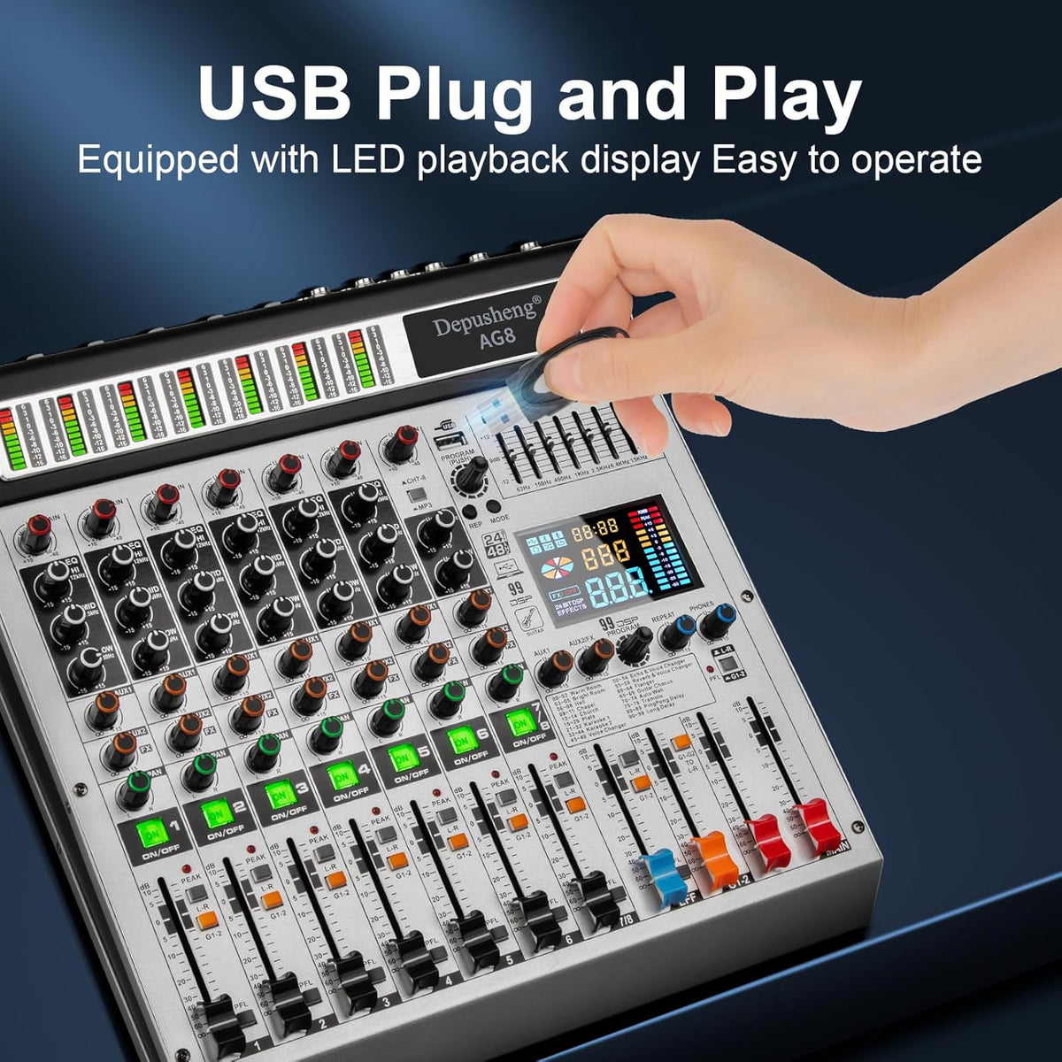 Depusheng AG8 Professional audio mixer 8 Channel with MP3 Player Source USB recording,With grouping and 2 AUX interfaces, 99DSP EFFECTfor Professional and Beginners