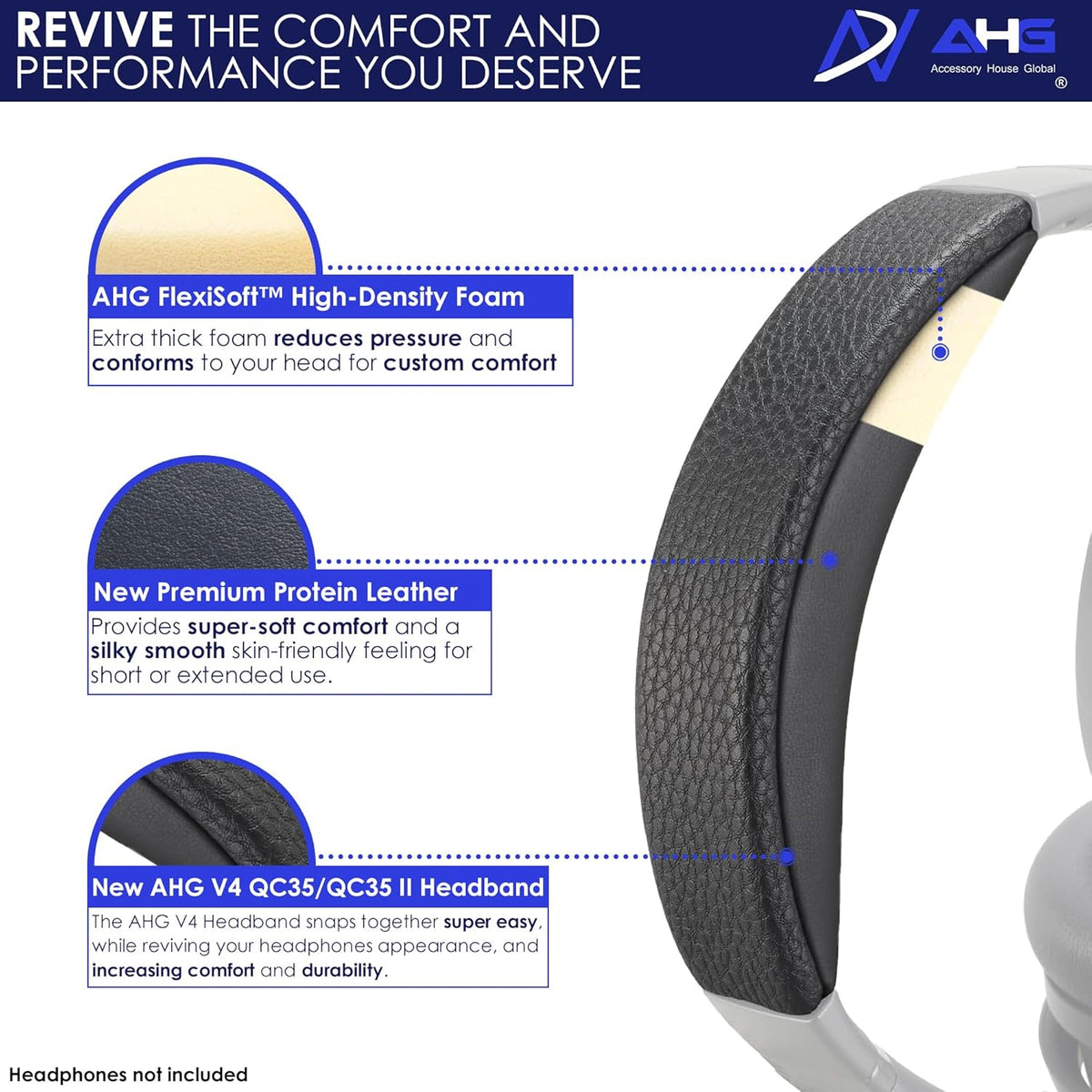 AHG QC35 ii Headband / QC35 Headband pad Cushion kit. Compatible w/Bose QuietComfort 35 ii / QC35 Headphones (Black). Premium Headband Design | Seamless DIY Assembly | Superior Comfort and Durability