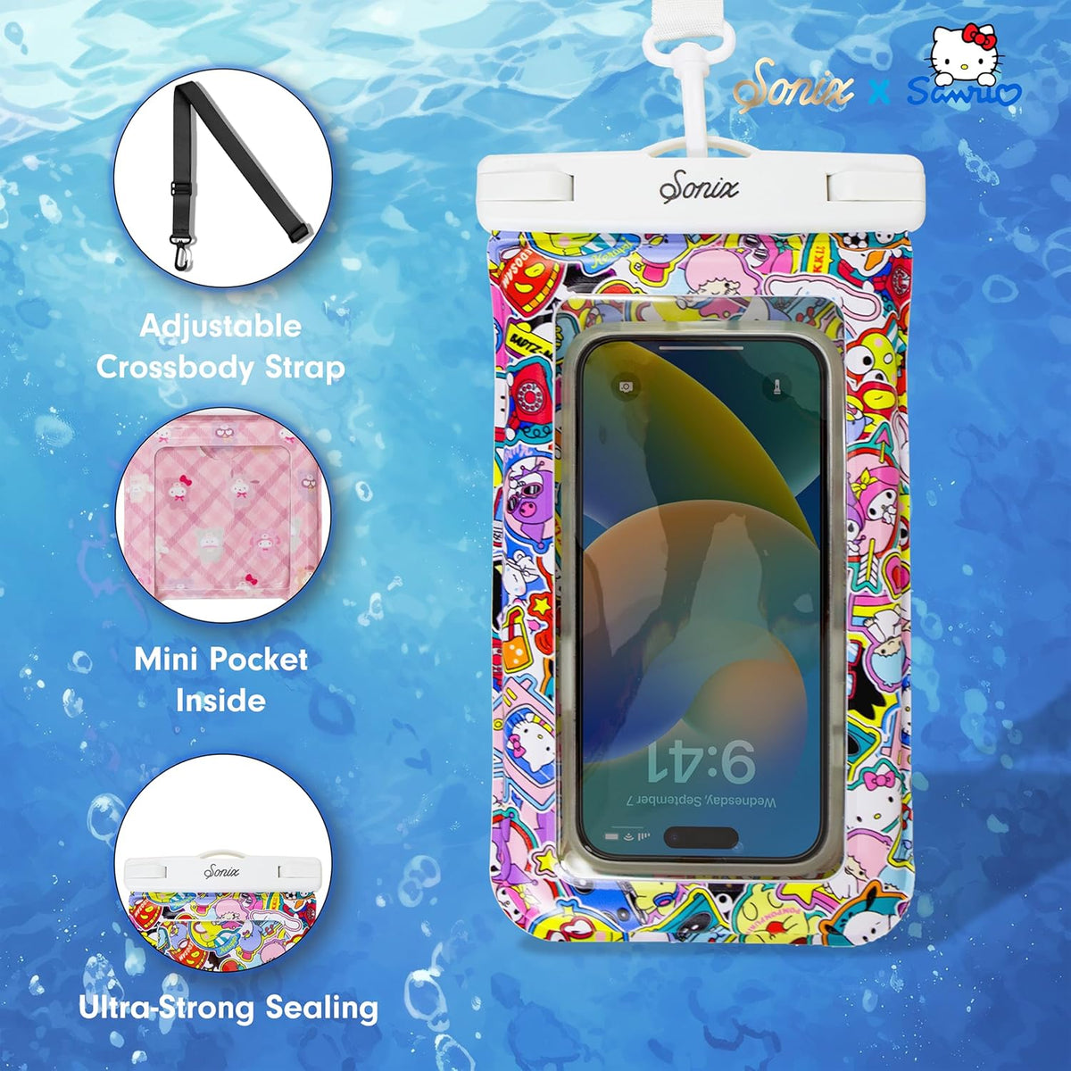 Sonix x Sanrio Waterproof Phone Pouch - Floating Phone Case Dry Bag w/Crossbody Lanyard - Beach Cruise Travel Essentials - Compatible w/All Devices, Touchscreen Friendly | Hello Kitty Stickers