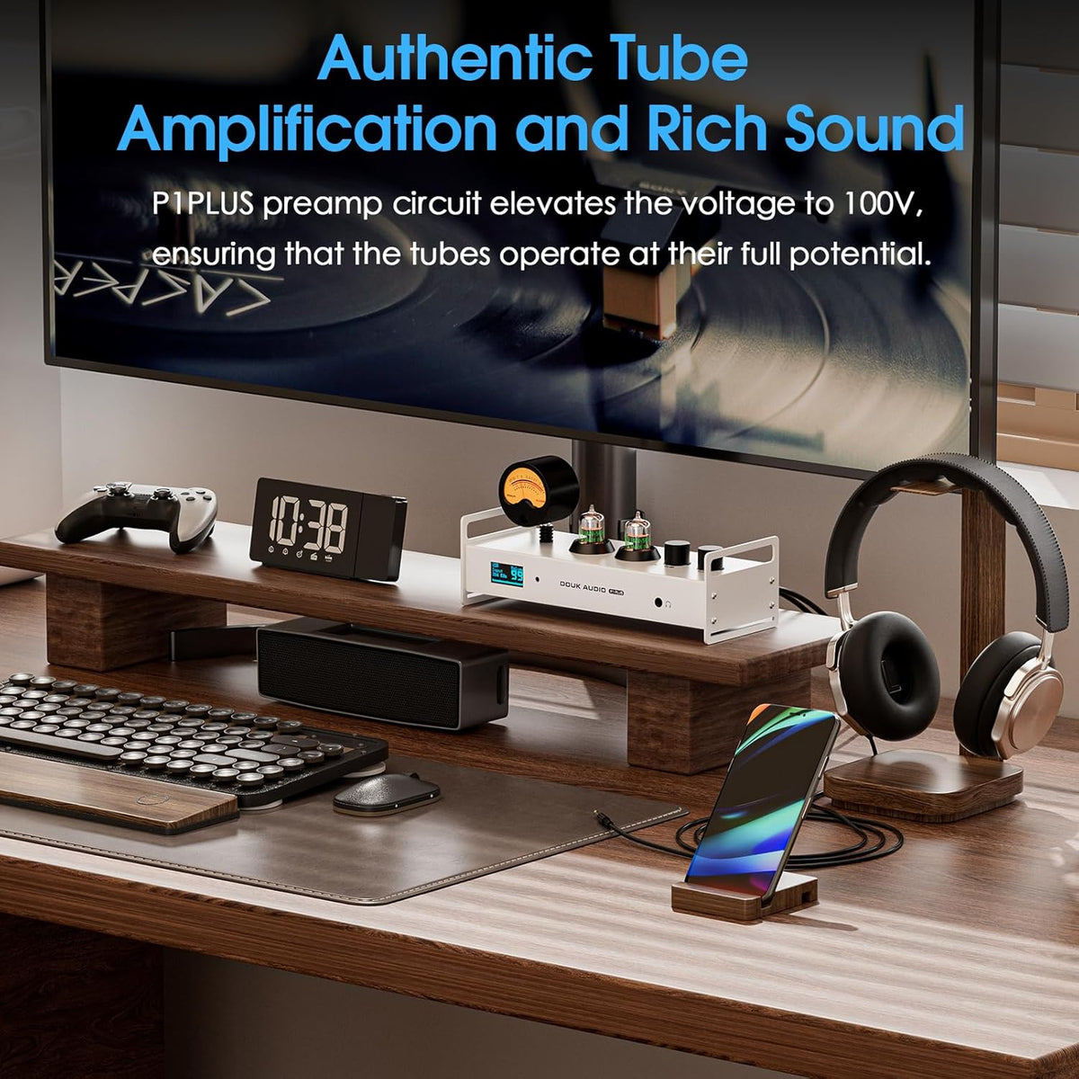 Douk Audio 2 Channel Bluetooth Vacuum Tube Preamp, Hi-Fi Headphone Amp, USB DAC PC Sound Card, Wireless Receiver Audio Preamplifier with VU Meter, Optical, Coaxial, APTX, LDAC, DSD256, Remote Control