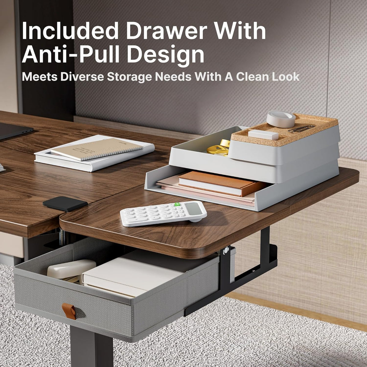 Desk Extender Tray, 24" x 12" Clamp On Desk Shelf, Desk Extension with Storage Drawer, Table Desk Arm Rest, Clamp On Keyboard Tray for Office and Home, Workstation Organizer, Medium, Walnut