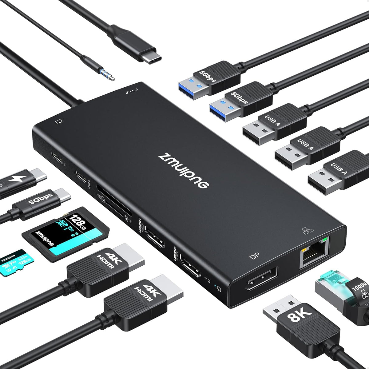 USB C Hub USB C Docking Station Dual Monitor 4K@60Hz+DP 8K@30Hz for Dell HP, Laptop Docking Station 3 Monitors 15 in 1 USBC Dongle Multiport Adapter with USB A Port+Button+PD+Ethernet+SD/TF+Audio