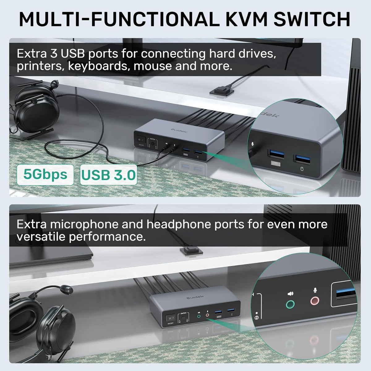 HDMI Displayport KVM Switch, 2 Computers 2 Monitors 4K@60Hz KVM Switcher Dual Monitor for 2 PC, 3 USB 3.0 Ports Support Extended/Mirror Mode with Desktop Controller&2 USB Cables&Power Adapter