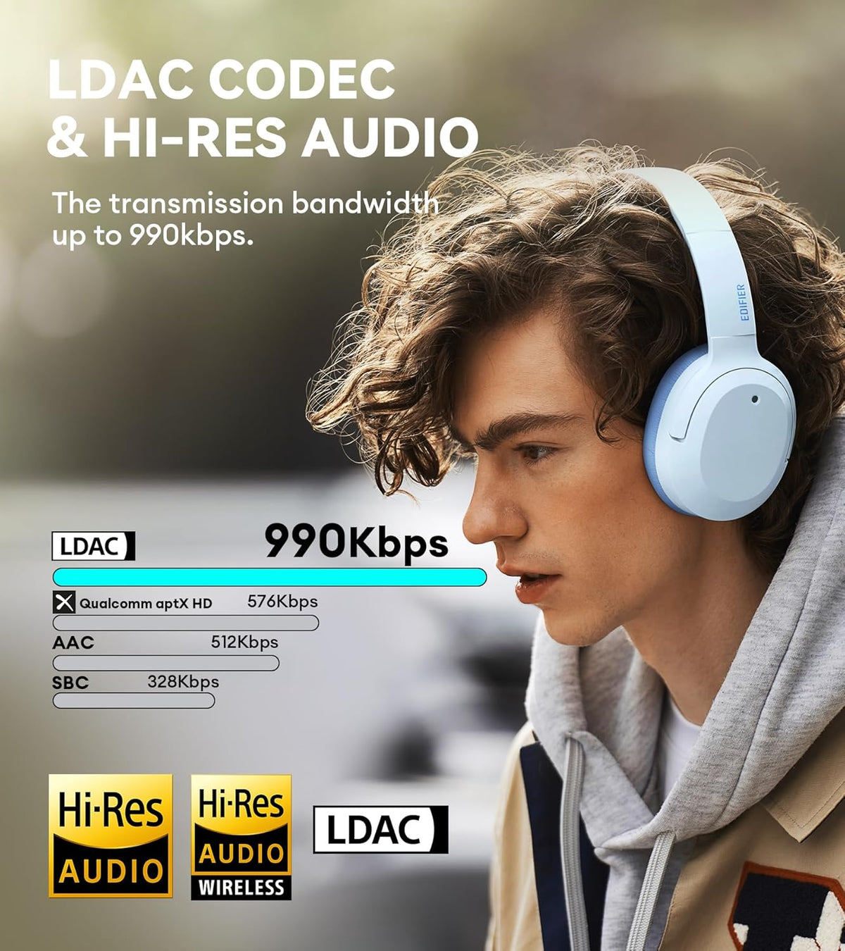 Edifier W820NB Plus Hybrid Active Noise Cancelling Headphones - LDAC Codec - Hi-Res Audio Wireless & Wired - Fast Charge - 49H Playtime - Over Ear Bluetooth V5.2 Headphones- Blue