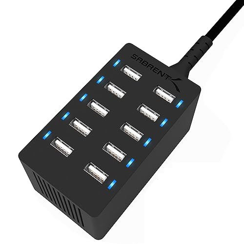 Sabrent 60 Watt (12 Amp) 10-Port [UL Certified] Family-Sized Desktop USB Rapid Charger. Smart USB Ports with Auto Detect Technology [Black] (AX-TPCS)