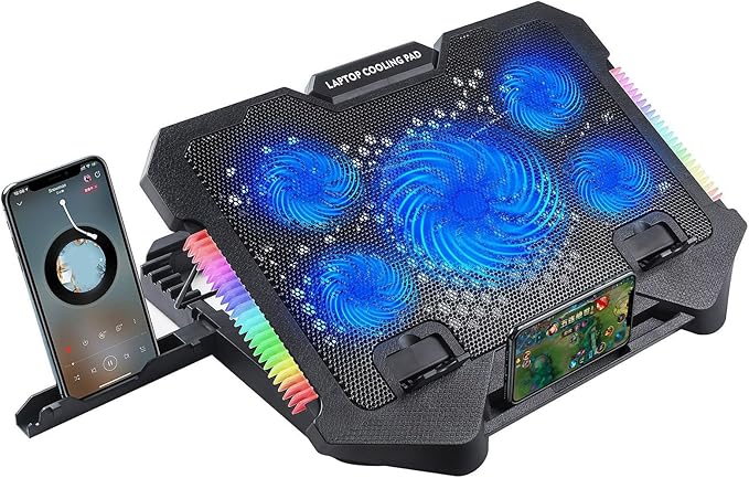 Gaming Laptop Cooling Pad Stand External Fan with 2 USB Port Phone Holder Quiet Cooling Fans