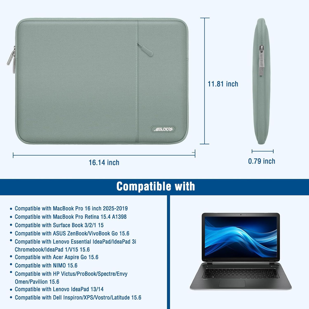 MOSISO Laptop Case 16 inch, 15-15.6 inch Laptop Sleeve Compatible with MacBook Pro 16 M4 M3 M2 M1, HP Acer Dell Lenovo ASUS Notebook, Polyester Vertical Computer Sleeve Bag with Pocket, Antique Green