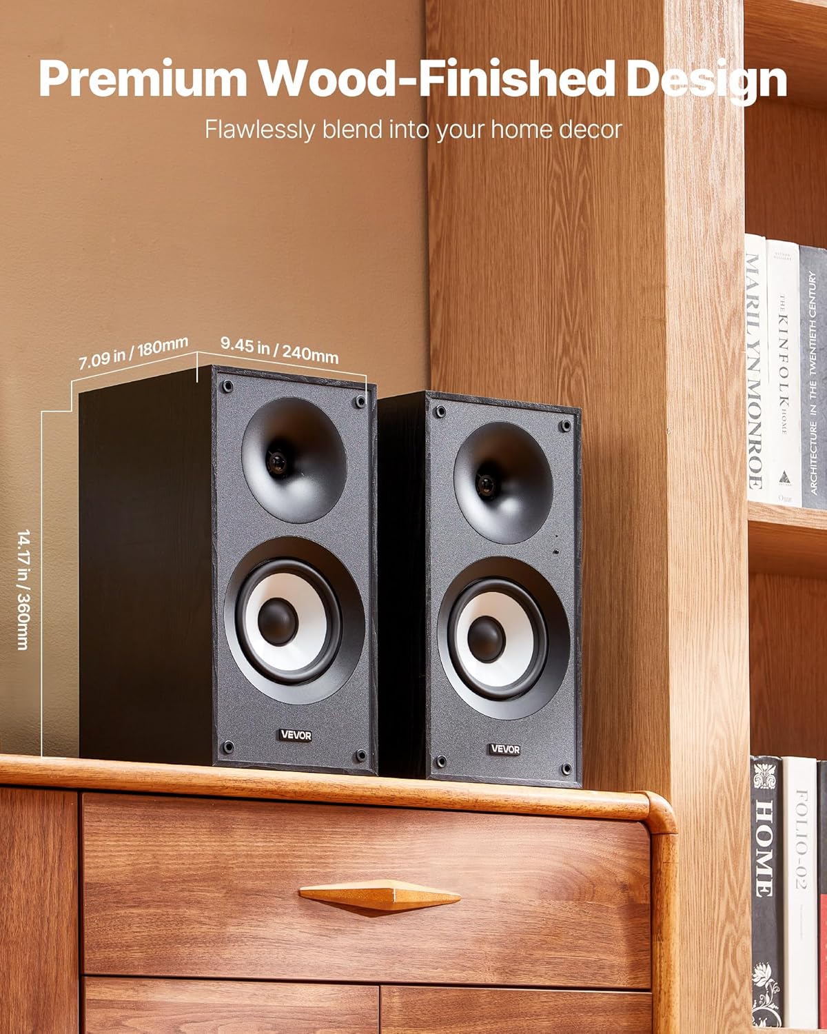 VEVOR Powered Bookshelf Speakers, 25W x 2, Active Studio Monitor Speaker with 5.5 Inch Woofer, Bluetooth/RCA/Coaxial/Optical/USB/Subwoofer Connection, Wooden Enclosure, for Record Player Turntable PC
