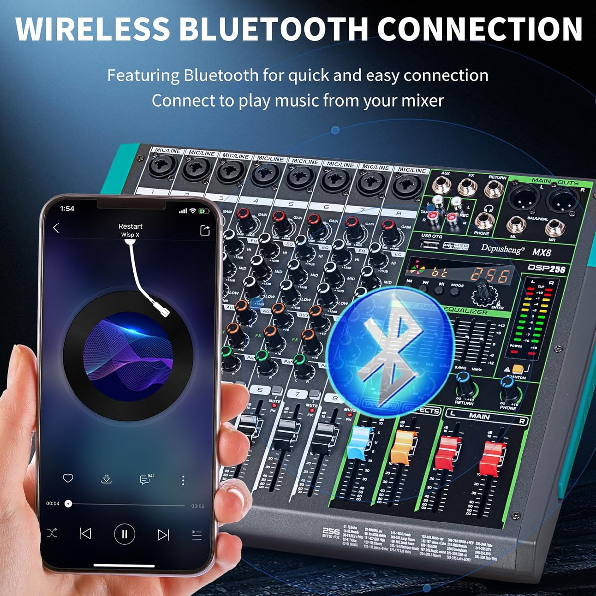 Depusheng MX8 8 Channel Sound Mixer Audio Mixing Console 48V 256DSP Professional USB PC Play Record Podcast Live Broadcast (US MX8)
