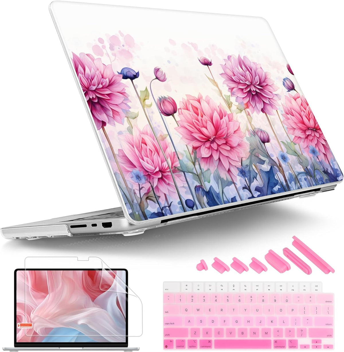 Tuiklol for MacBook Pro 14 Inch Case 2024-2021 Release M4 A3112 A3401 A3185/M3 A2918 A2992/M2 A2779/M1 A2442 Pro/Max,Hard Shell Case with Keyboard Cover & Screen Protector for Touch ID,Pink Flowers