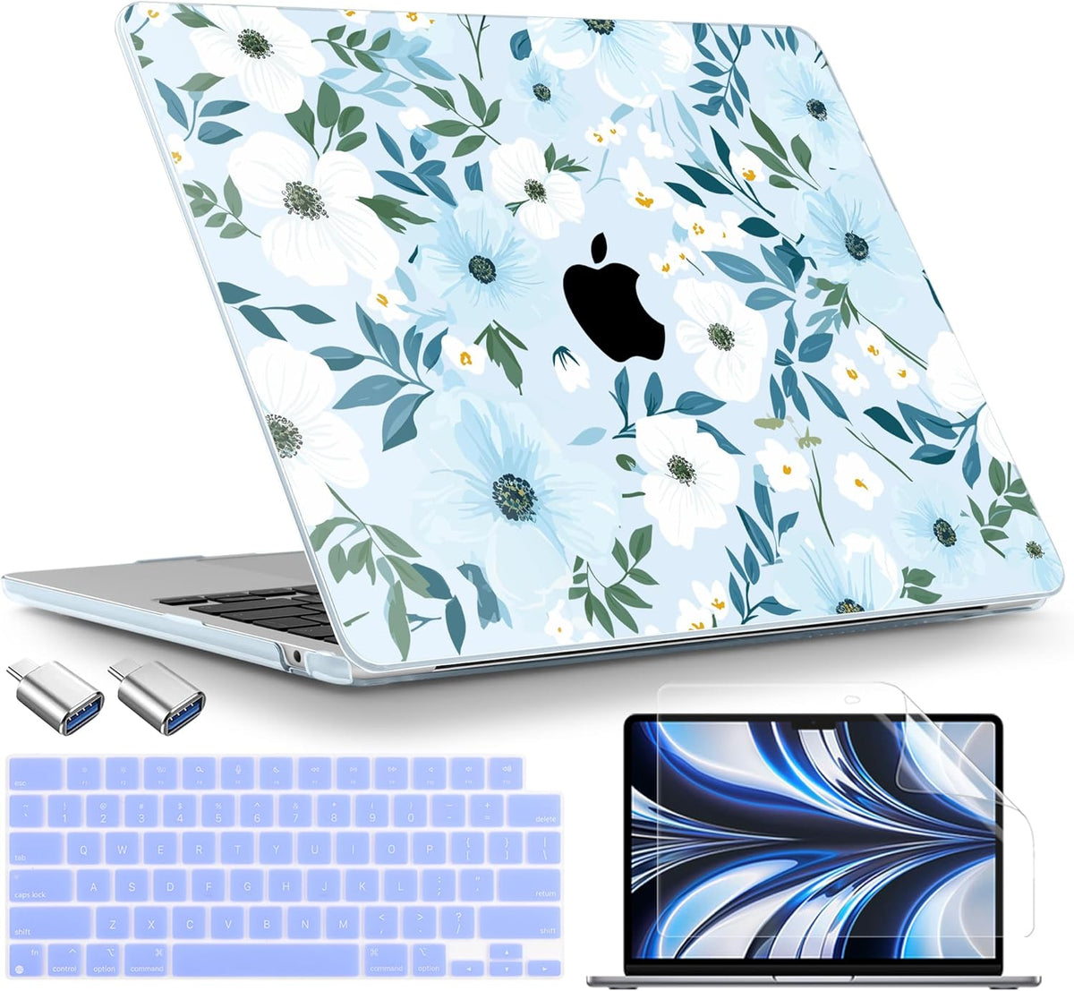 TWOLSKOO Compatible with M4 MacBook Air 13.6 inch Case 2025-2022 Release M4 A3240 M3 A3113 M2 A2681, Plastic Hard Shell & Keyboard Cover & Type C Adapter & Screen Protector, Floral Field Seamless