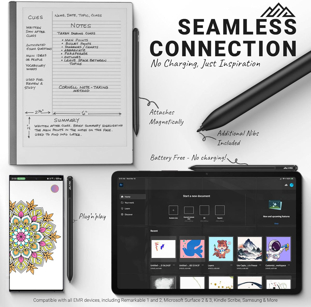 V-Pen EMR Stylus Remarkable 2 Pen Replacement with Digital Eraser + 5 Tips | 4096 Pressure Level Sensitivity & Palm Rejection | Digital Pen Marker Plus Compatible Kindle Scribe & Tablet Pen