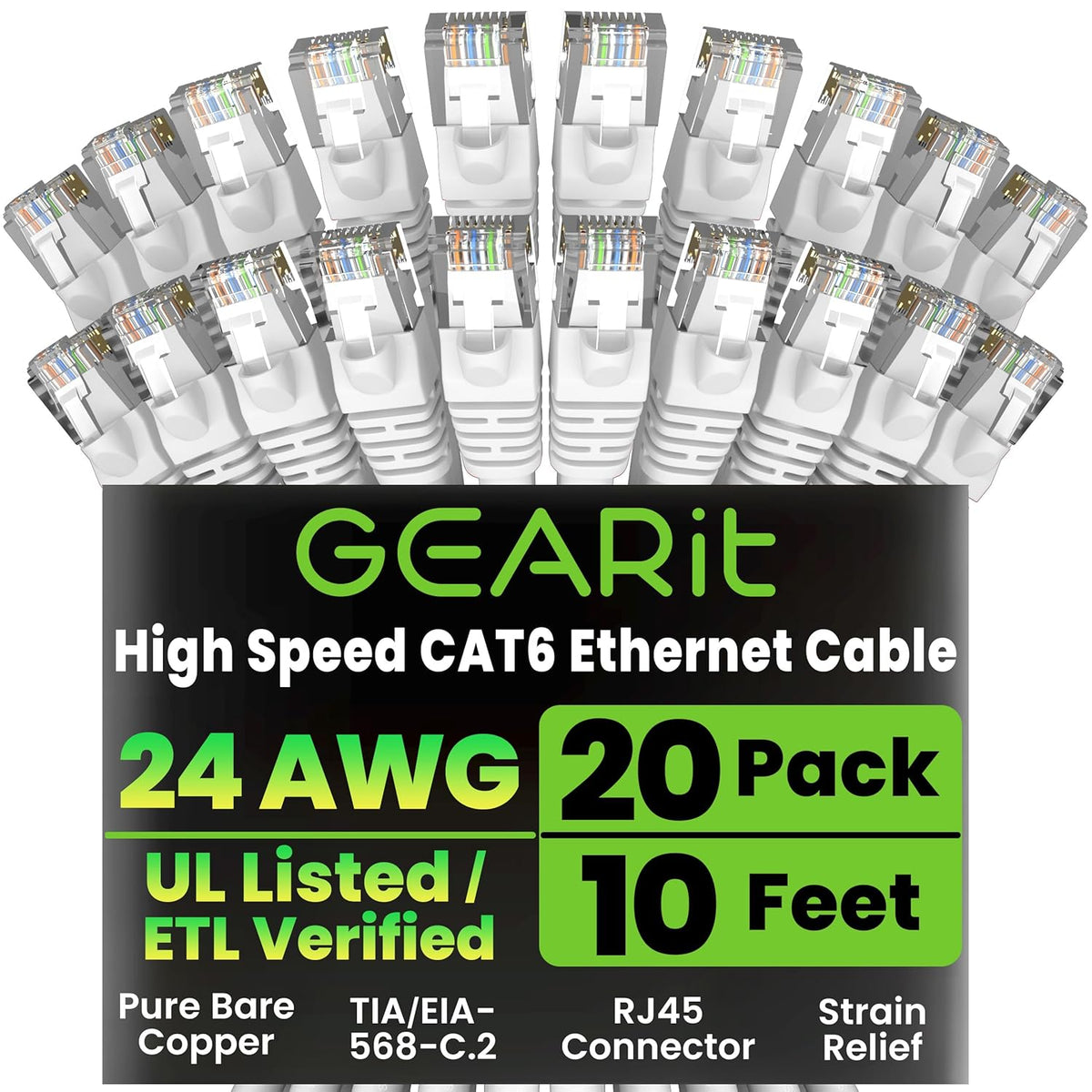 GearIT Cat 6 Ethernet Cable (20-Pack 10 Feet) Cat6 Network Patch, 10Gbps, RJ45, Snagless Cord, Gold-Plated Connectors, Internet for PC, TV, Tablet, Router, Printer, Servers, IT Data Center - White