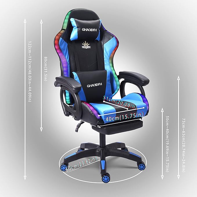 Massage Gaming Chair with Speakers and LED Light Ergonomic Computer Gaming Chair with Footrest and Adjustable Lumbar Support PU Leather 90°-135° Racing Video Gaming Chair.Pink