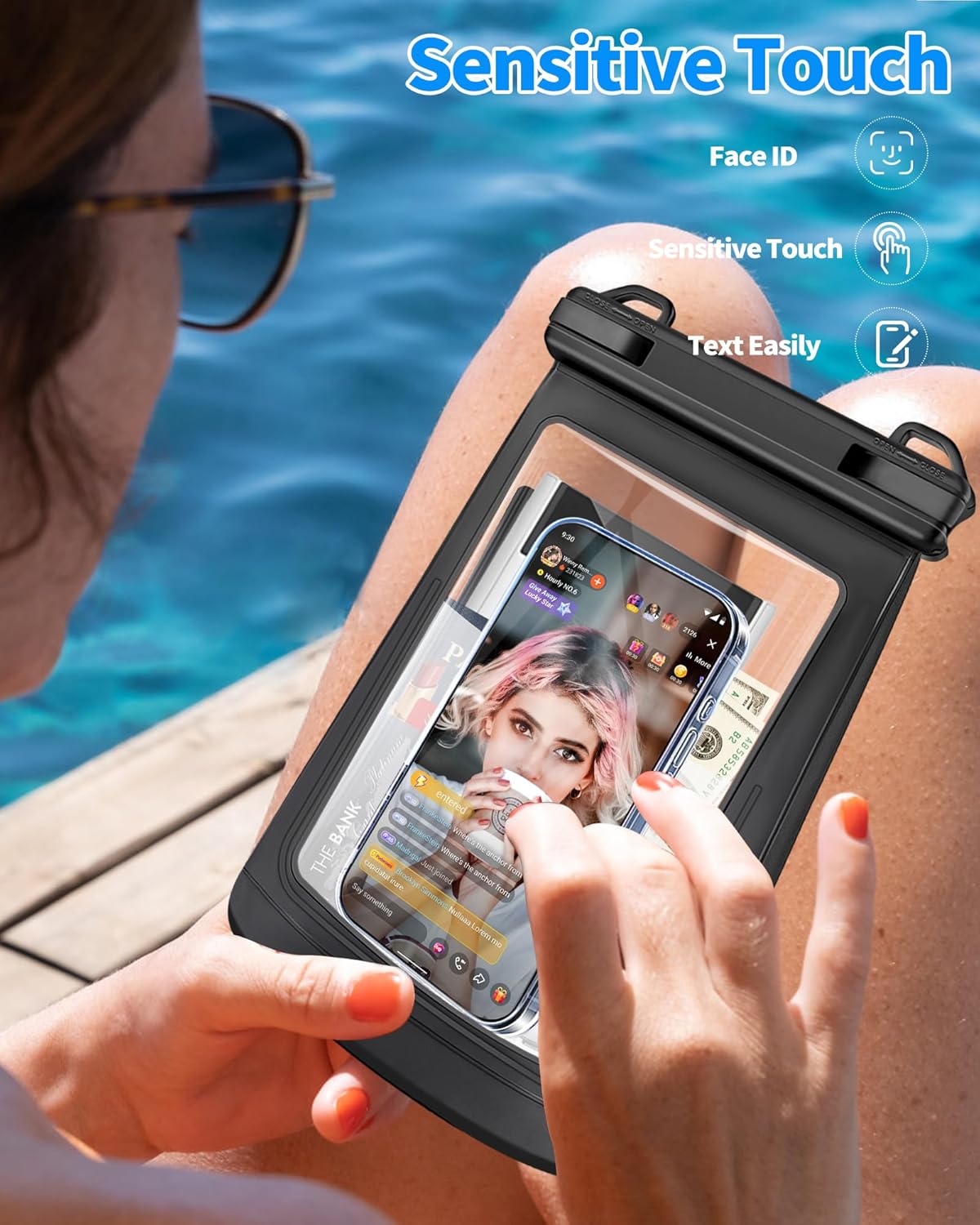 Large Waterproof Phone Pouch - [Oversized] [Floating] Water Proof Pouch for iPhone Galaxy Google and More, IPX8 Waterproof Dry Bag for Beach Vacation Belongings Clear Black
