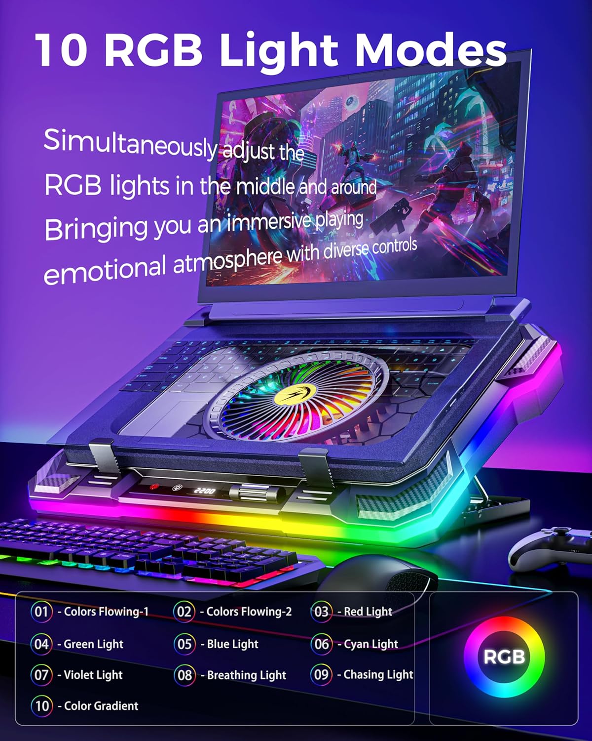 AICHESON Gaming Laptop Cooling Pad with Full RGB Lights, Powerful Cooler Fan Stand for 15-19 inch Gamer Heavy Duty Laptops and PC Computers