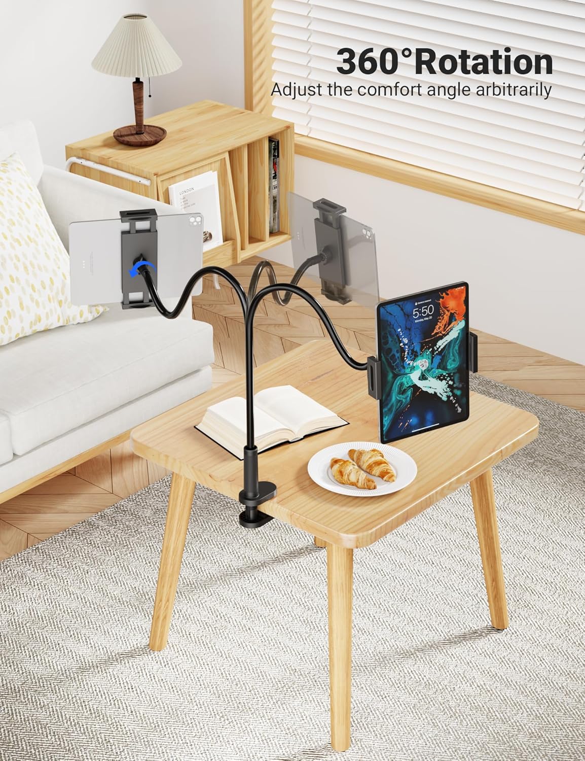 Flexible Gooseneck Tablet Holder, 360° Adjustable Phone Mount with Sturdy Clamp for Desk/Bed/Kitchen, Compatible with iPad Air Pro Mini iPhone/Samsung Galaxy Tabs/Nintendo Switch/4.7~12.9"