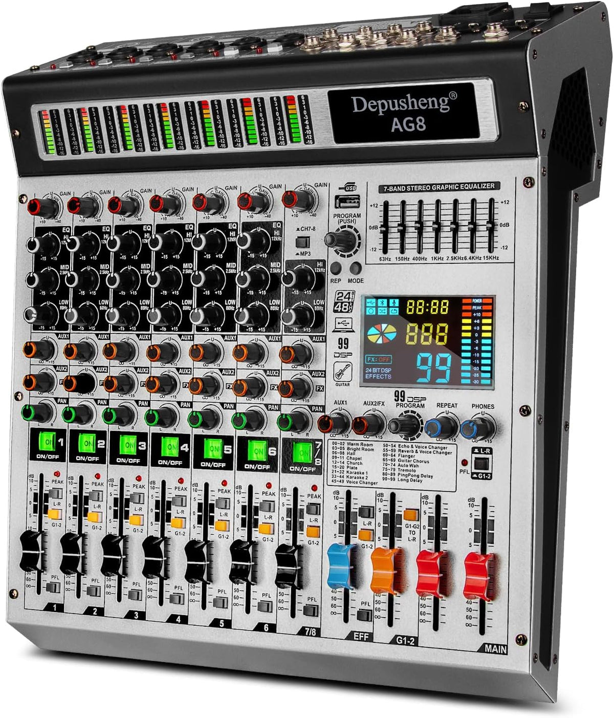 Depusheng AG8 Professional audio mixer 8 Channel with MP3 Player Source USB recording,With grouping and 2 AUX interfaces, 99DSP EFFECTfor Professional and Beginners