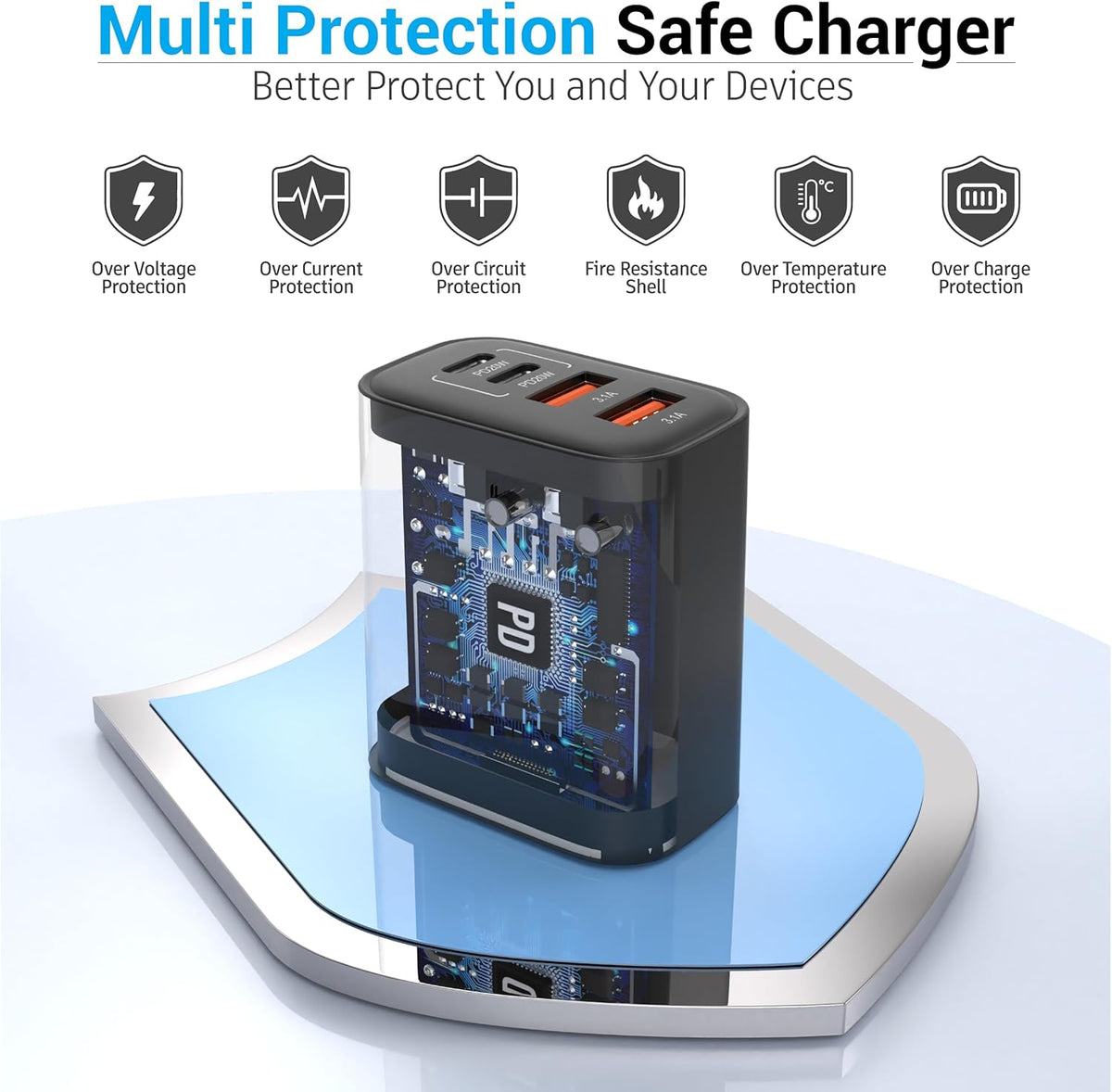 USB C Block 40W, 4 Ports Wall Plug Fast Charging Block, PD+QC Multiport Power Adapter USB C Charger Type C for iPhone 16,15,14,13,12,11, Pro Max, X, Xr, Xs, 8, 7, Watch, Galaxy Phones-Black 2Pack