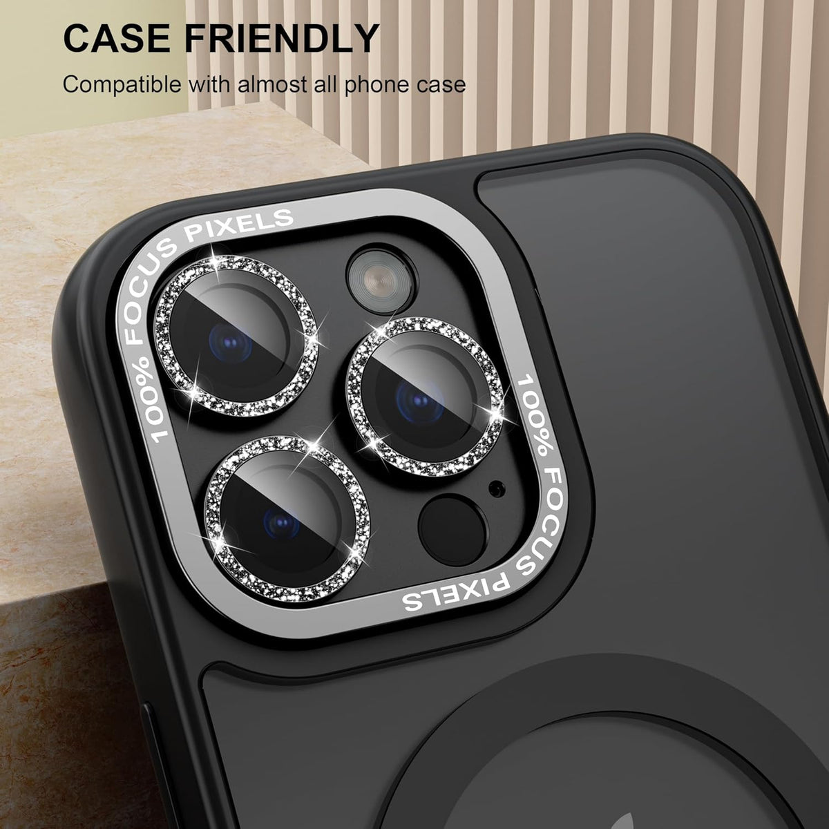 beuxece Compatible for iPhone 16 Pro/iPhone 16 Pro Max Camera Lens Protector, Bling Metal Tempered Glass Camera Screen Cover Accessories [Strong Adsorption][Case-Friendly]- Glitter Titanium Black