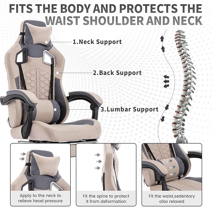 Grey 360° Swivel Gaming Chair Ergonomic Heavy Duty 330lbs Office Chair with Footrest and Massage Lumbar Support Height Adjustable High Back Reclining Gamer Chair with Headrest (Grey)