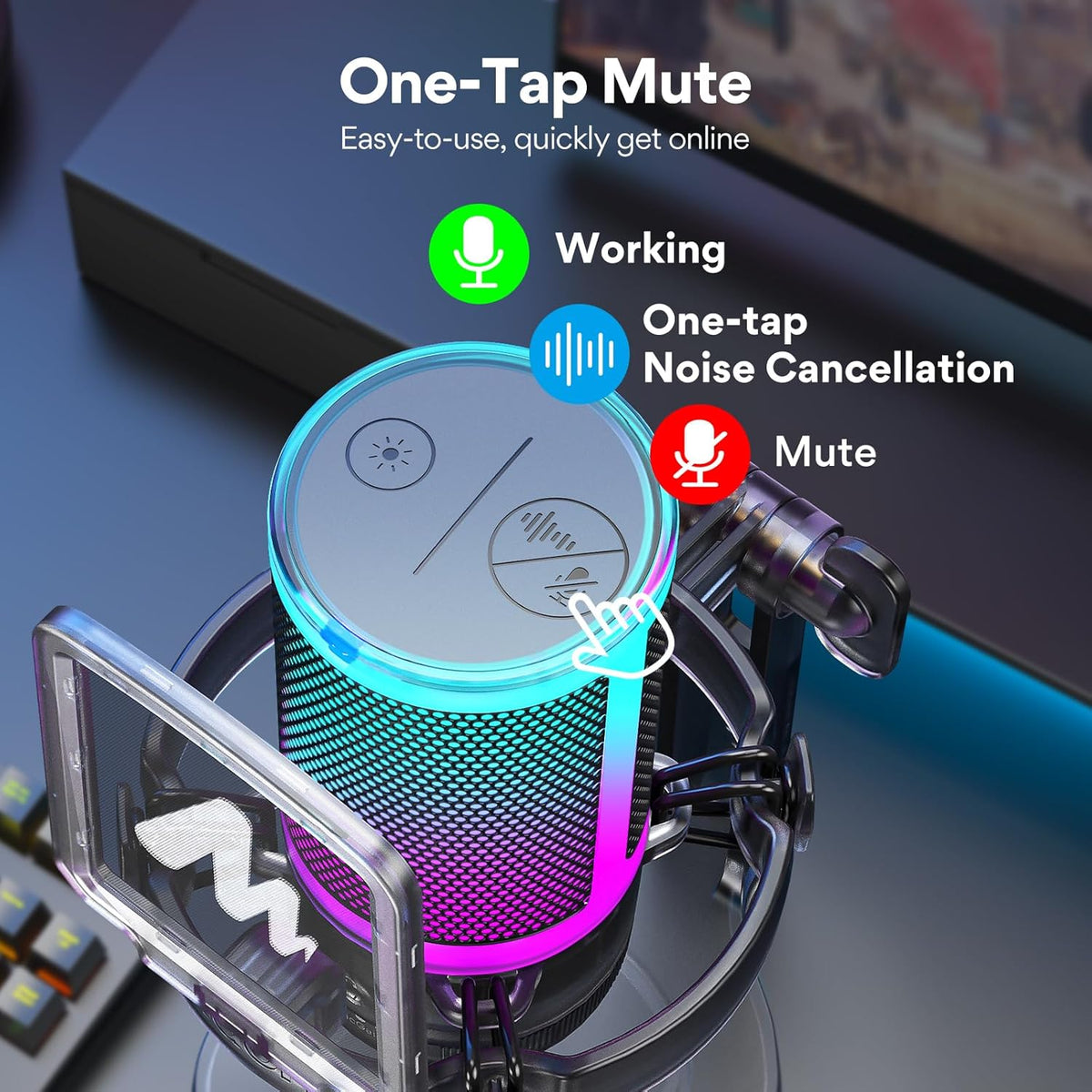 MAONO Gaming USB Microphone for PC with Noise Cancellation, Computer RGB Condenser Mic for Streaming Discord Twitch YouTube Podcast Online Chat PS4 PS5, GamerWave DGM20