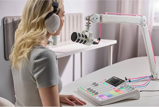 Rode PodMic USB White Dynamic Broadcast Microphone with Rode SC27 Black USB-C to USB-C Cable and StreamEye Adjustable Boom Arm