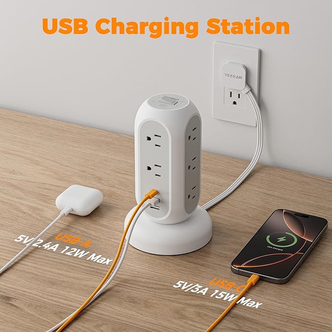 TESSAN Tower Power Strip Flat Plug with 1050J Surge Protection, 5 Ft, Black