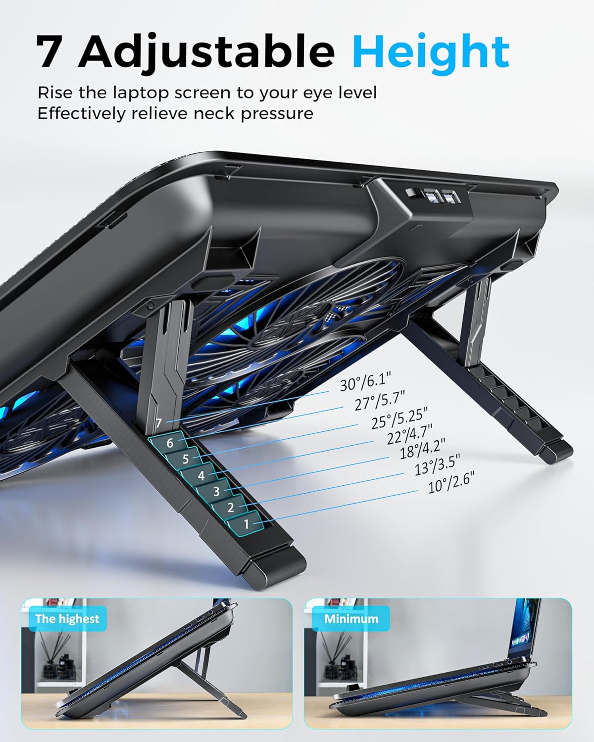 AICHESON Laptop Cooling Pad with 6 High-Speed Fans, Computer Cooler with 7 Adjustable Angles, Compatible with 13-17.3 Inch Laptops
